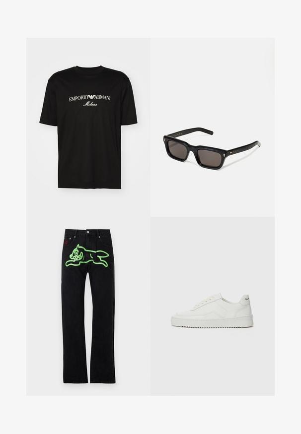 Must must T-särk, millel on ümmargune kaelus, lühikesed варст и väljend "EMPORIO ARMANI" valgete tähtedega, mille all on kõveras kujunduses sõna "Milano".; Mustad sirgedega mustad teksad, mille taga on suur roheline graafika jooksjast multikassist. Hõbedased detailid.; Valge nahast tennis, millel on sile põhi, ümar varvas, lamedad nöörid ja tekstuuriline tall. Sisaldab diskreetset logo kontsaribal.; Mustad mustakorruselised prillid tumedate läätsedega, paks plastikraam, kuldsed aksendid templites ning kaubamärgi logo graveeritud käe lilla.