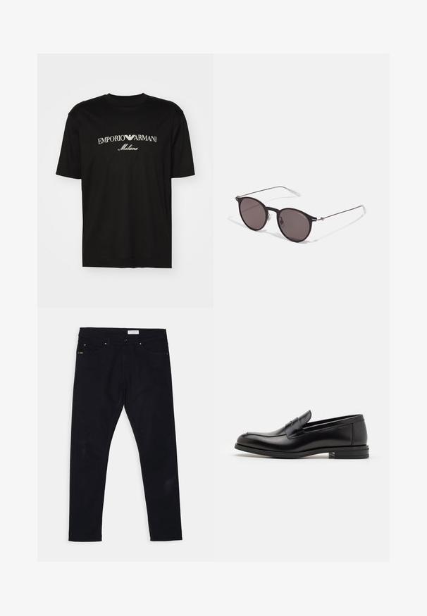 Camiseta de algodón negra con cuello redondo, mangas cortas y el logo de "EMPORIO ARMANI" en blanco sobre "Milano" en un diseño curvado.; Vaqueros de mezclilla negra con un ajuste slim, diseño de cinco bolsillos y herrajes metálicos. Incluye una etiqueta de cuero en la cintura trasera.; Mocasines de cuero negro con una textura suave, puntera redondeada y una tira decorativa en el empeine. Tacón bajo apilado, diseño minimalista.; Gafas de sol redondas negras con lentes oscuros y brazos metálicos delgados. Incluye puntas de varilla transparentes y acentos plateados en la bisagra. Diseño minimalista.