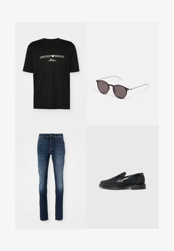 Svart bomulls T-skjorte med rund hals, korte ermer og "EMPORIO ARMANI" logo i hvitt over "Milano" i en buet design.; Mørkeblå denim jeans med slim fit, featuring fem lommer, gullsting og en lett falmet front for et uformelt utseende.; Sorte vevde slip-on sko med en glatt lærdetalj på overdelen, design med rund tå og en lavprofil gummisåle.; Sorte, runde solbriller med mørke linser og slanke metalarmer. Inkluderer klare temple tips og sølvfargede detaljer ved hengslet. Minimalistisk design.