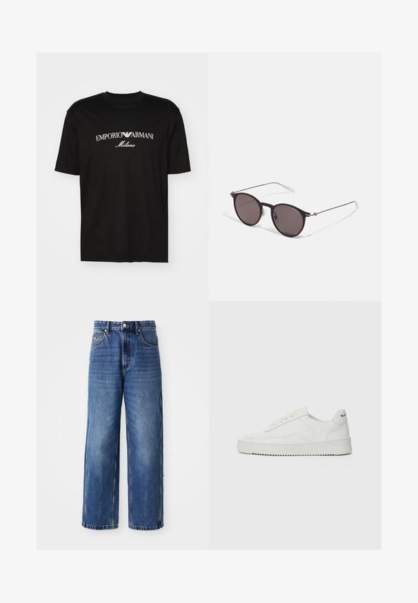 T-shirt de algodão preta com gola redonda, mangas curtas e o logo "EMPORIO ARMANI" em branco acima de "Milano" num design curvo.; Jeans de ganga azul de perna larga com uma cintura alta, costura visível, fecho frontal com botão e ajuste solto, apresentando um efeito desbotado e bolsos laterais.; Sapatilha de couro branco com acabamento suave, bico redondo, atacadores planos e uma sola texturizada. Apresenta um logotipo discreto no calcanhar.; Óculos de sol redondos pretos com lentes escuras e hastes metálicas finas. Inclui pontas de templo transparentes e detalhes em prata na dobradiça. Design minimalista.