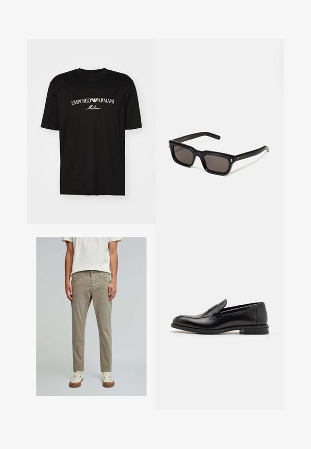 Sort bomulds T-shirt med rund halsudskæring, korte ærmer og "EMPORIO ARMANI" logo i hvid over "Milano" i et buet design.; Lyse khaki bomuldsbukser med slim fit, fem lommer og en glat tekstur. Kombineret med cremede sneakers med brune gummisåler.; Sorte læderloafers med en glat overflade, rund tå og en dekorativ strop over vampen. Lav hæl med stabeldesign, minimalistisk stil.; Sorte rektangulære solbriller med mørke glas, tyk plastisk ramme, guldtryk på stængerne og brandlogo indgraveret på armen.