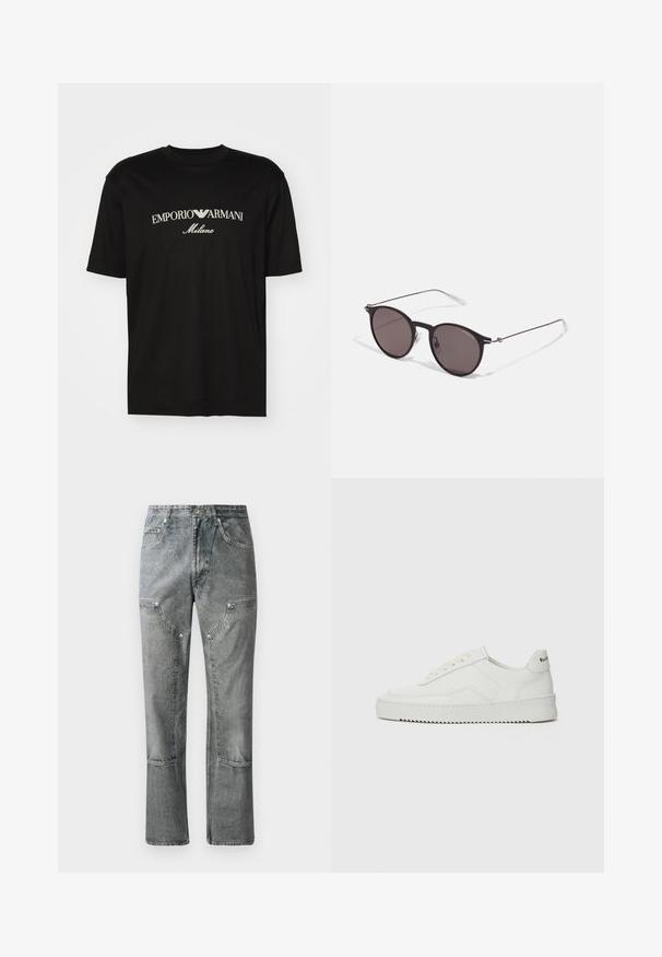 Czarny bawełniany T-shirt z okrągłym dekoltem, krótkimi rękawami oraz białym logo "EMPORIO ARMANI" nad napisem "Milano" w zakrzywionym kształcie.; Szare dżinsy o prostym kroju, z przednimi kieszeniami, widocznymi szwami i wyblakłym wykończeniem. Materiał ma gładką fakturę.; Białe skórzane sneakersy o gładkim wykończeniu, okrągłym nosku, płaskich sznurówkach i teksturowanej podeszwie. Charakteryzują się delikatnym logo na pięcie.; Czarne okrągłe okulary przeciwsłoneczne z ciemnymi soczewkami i smukłymi metalowymi ramkami. Zawierają przezroczyste końcówki zauszników oraz srebrne akcenty przy zawiasie. Minimalistyczny design.