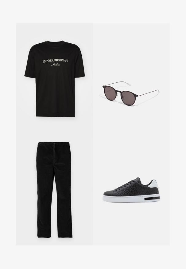 Black cotton T-shirt featuring a round neckline, short sleeves, and "EMPORIO ARMANI" logo in white above "Milano" in a curved design.; Black straight-leg velvet pants with elastic waistband and front drawstring, displayed against a plain white background.; Black leather sneakers feature a textured, geometric pattern on the sides, a white sole, and black accents, complementing a sleek design.; Black round sunglasses with dark lenses and slim metal arms. Includes clear temple tips and silver accents at the hinge. Minimalist design.