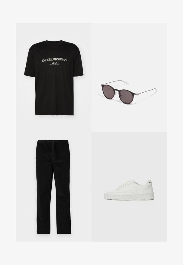 T-shirt en coton noir avec un col rond, des manches courtes et le logo "EMPORIO ARMANI" en blanc au-dessus de "Milano" dans un design incurvé.; Pantalons en velours noirs à jambes droites avec une taille élastique et un cordon de serrage à l'avant, présentés sur un fond blanc uni.; Baskets en cuir blanc avec une finition lisse, bout arrondi, lacets plats et semelle texturée. Présente un logo discret sur le talon.; Lunettes de soleil noires rondes avec verres sombres et branches en métal fines. Comprend des embouts transparents et des accents argentés au niveau de la charnière. Design minimaliste.