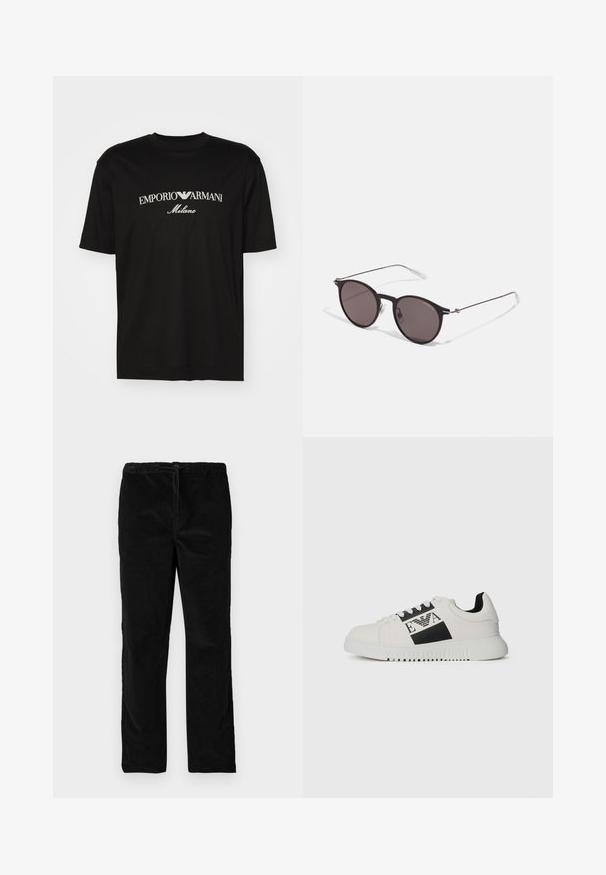 Melnā kokvilnas T-kreklu ar apaļu kakla izgriezumu, īsām piedurknēm un balto "EMPORIO ARMANI" logotipu virs vārda "Milano" izliektā dizainā.; Melnas taisnas kājas samta bikses ar elastīgu jostasvietu un priekšējo auklu, attēlotas uz vienkārša balta fona.; Baltie kedas ar melnu logotipu un akcentiem, gluda ādas virsma, apaļa purngala forma, struktūra zole un kontrastējošs melns papēža elements.; Melni apaļi saulesbrilles ar tumšiem lēca un plānām metāla stangām. Iekļautas caurspīdīgas tempļu galviņas un sudraba akcenti pie eņģes. Minimalistisks dizains.