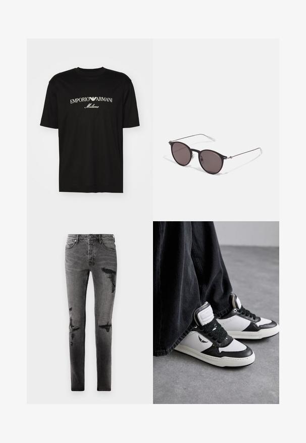 T-shirt en coton noir avec un col rond, des manches courtes et le logo "EMPORIO ARMANI" en blanc au-dessus de "Milano" dans un design incurvé.; Jean en denim noir avec des détails déchirés, présentant une coupe slim, cinq poches et une fermeture éclair classique. Apparence usée avec des zones décolorées.; Baskets montantes noir et blanc avec un détail de lacets texturé noir, en cuir et matière synthétique, affichant un logo sur le côté.; Lunettes de soleil noires rondes avec verres sombres et branches en métal fines. Comprend des embouts transparents et des accents argentés au niveau de la charnière. Design minimaliste.
