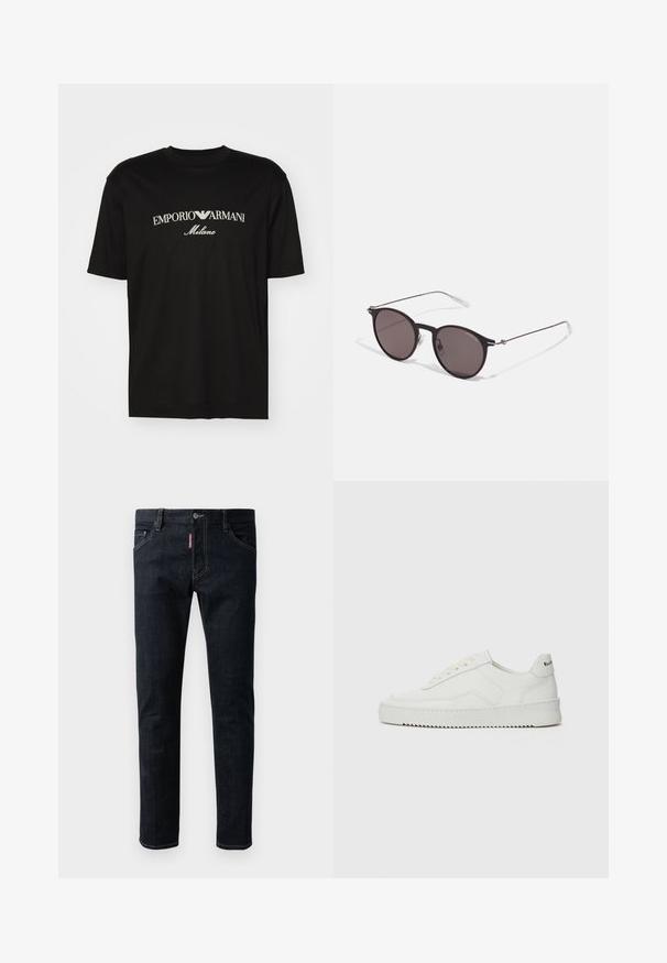 T-shirt de algodão preta com gola redonda, mangas curtas e o logo "EMPORIO ARMANI" em branco acima de "Milano" num design curvo.; Jeans de ganga azul escuro com um corte slim, apresentando um fecho de botão, cinco bolsos e costuras amarelas em contraste nas costuras.; Sapatilha de couro branco com acabamento suave, bico redondo, atacadores planos e uma sola texturizada. Apresenta um logotipo discreto no calcanhar.; Óculos de sol redondos pretos com lentes escuras e hastes metálicas finas. Inclui pontas de templo transparentes e detalhes em prata na dobradiça. Design minimalista.