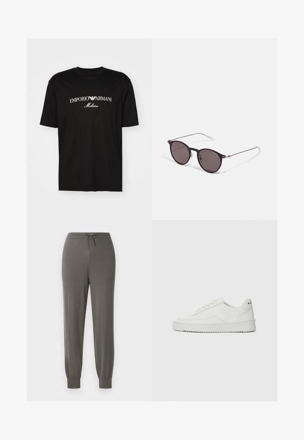 Sort bomulds T-shirt med rund halsudskæring, korte ærmer og "EMPORIO ARMANI" logo i hvid over "Milano" i et buet design.; Grå joggerbukser med snoretræk i taljen, tapered manchetter, blød stofstruktur og et glat, minimalistisk design.; Hvide lædersneakers med en glat overflade, rund tå, flade snørebånd og en tekstureret sål. Har et diskret logo på hælen.; Sorte runde solbriller med mørke linser og slanke metalarme. Inkluderer klare tempeltips og sølvdetaljer ved hængslet. Minimalistisk design.
