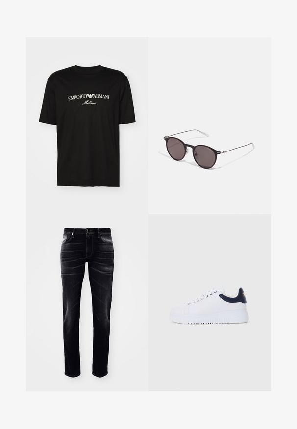 Camiseta de algodón negra con cuello redondo, mangas cortas y el logo de "EMPORIO ARMANI" en blanco sobre "Milano" en un diseño curvado.; Jeans de mezclilla negra con un corte ajustado, que presentan un diseño de cinco bolsillos, costuras visibles y un ligero desgaste a lo largo de las piernas.; Zapatillas blancas con detalles en azul marino, con una textura suave, punta redonda y suela elevada, con un logotipo en el lateral.; Gafas de sol redondas negras con lentes oscuros y brazos metálicos delgados. Incluye puntas de varilla transparentes y acentos plateados en la bisagra. Diseño minimalista.