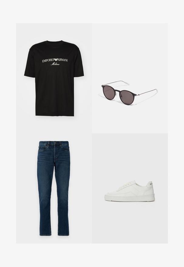 T-shirt en coton noir avec un col rond, des manches courtes et le logo "EMPORIO ARMANI" en blanc au-dessus de "Milano" dans un design incurvé.; Jean en denim bleu foncé, coupe droite, cinq poches, passants de ceinture et détails de décoloration subtils. Coutures cousues et fermeture à boutons.; Baskets en cuir blanc avec une finition lisse, bout arrondi, lacets plats et semelle texturée. Présente un logo discret sur le talon.; Lunettes de soleil noires rondes avec verres sombres et branches en métal fines. Comprend des embouts transparents et des accents argentés au niveau de la charnière. Design minimaliste.