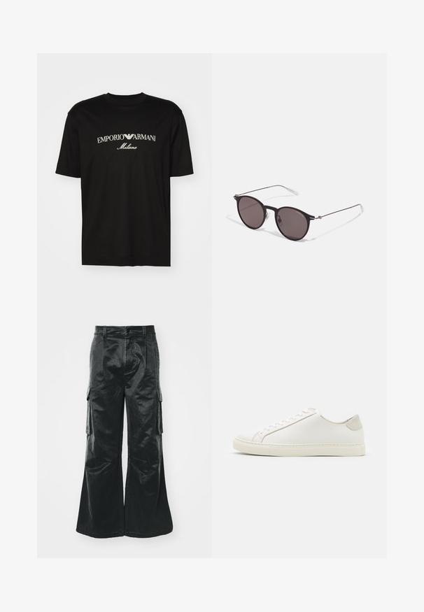 Svart bomulls T-skjorte med rund hals, korte ermer og "EMPORIO ARMANI" logo i hvitt over "Milano" i en buet design.; Sorte bredbeinte cargo-bukser med en skinnende tekstur. Har side lommer, knappelukking og sydd detaljer langs sømmene.; Hvite lærersneakers med en jevn overflate, rund tå og minimalistisk design. Har beige detaljer på hælen og en gummisåle.; Sorte, runde solbriller med mørke linser og slanke metalarmer. Inkluderer klare temple tips og sølvfargede detaljer ved hengslet. Minimalistisk design.
