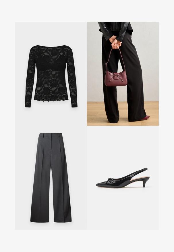 Črna čipkasta majica z dolgimi rokavi s cvetličnim vzorcem, okroglim ovratnikom in valovitim robom. Prosojna tekstura poudarja njen eleganten videz.; Široke hlače iz temno sive tkanine, z visokim pasom, enim pregibom ter gladko teksturo z čisto obrobo na robovih.; Črne patentne usnjene slingback čevlje s koničasto kapo, majhno peto in okrasno mašnjo na vrhu. Splošna gladka tekstura.; Bordo usnjeni ročni torbici z detajlom mašne, ki ima tanek trak in zlato-tonirano strojno opremo, jo drži oseba v črnih hlačah.