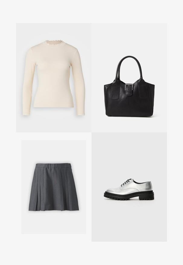 Pikkade varrukatega sooniknitted topp heledas valges, kaunistatud volangiga kõrge kaeluse ja mansettidega. Sile tekstuur ja läikiv siluett.; Hallide hallidega hall seelik, millel on tekstureeritud kangas, elastne vöökoht ja peidetud lukk. Omab ühtlaselt jaotatud volte, et luua struktureeritud välimus.; Hõbedased nahast oxfordi kingad ümarate varvastega, musta kummist tallaga ja mustade paeltega. Omavad minimaalset nüanssi õmbluste detailides külgedel.; Mustgamma nahast kott, millel on sile tekstuur, struktureeritud kuju, kaks käepidet ja esiküljel silmapaistev hõbedane pandla detail.