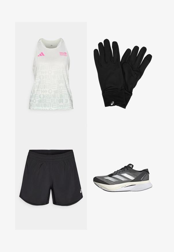 adidas Performance BER25 AOP TK W - Tops - crystal jade; Melni sporta šorti ar elastīgu jostu, gluda tekstūra un viegli sānu griezumi. Uz apakšējās labās puses ir neliels balts zīmogs.; Melnbaltā sporta apava ar sietu augšdaļu, kas piedāvā trīs baltas svītras, izteiksmīgu zoli ar uzrakstu "LIGHTSTRIKE PRO" un plānu dizainu.; Melnas cimdi, izgatavoti no mīkstas, stiept auduma, kas cieši pieguļ rokai. Iekļauj tiem biezas aproces un mazu logotipa birku uz plaukstas zonas.