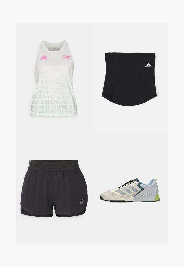 adidas Performance BER25 AOP TK W - Top - crystal jade; Pantalones cortos de running negros con una cinturilla de malla, que presentan una textura suave, un largo corto y un pequeño logo en la parte inferior derecha.; Zapatillas deportivas ligeras con parte superior de malla color crema, franjas grises, un acento verde y un contador de talón texturizado en azul. Cordones negros.; Cinta atlética negra con una textura suave, forma curva y parte superior elástica. Presenta un pequeño logo blanco de Adidas en el costado.