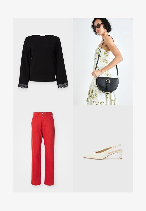 Črn dolg rokav vrh iz mehkega blaga, ki ima širok izrez in čipkast rob na manšetah. Preprost, ravno krojen dizajn.; Rdeče denim hlače z ravno nogo, visokim pasom, gumbom za zapiranje in petimi žepi. Tkanina ima gladko teksturo brez vidnih vzorcev.; Bele begaste usnjene slingback čevlje z ostrim nosom in nizkim blokastim peto. Imajo diskreten trak z zlatim podrobnostim s sponko.; Črna usnjena torbica s ukrivljeno obliko, z odstranljivo naramnico in zlatimi dodatki. Torbica ima pokrov s podrobnostmi v obliki zaponke.