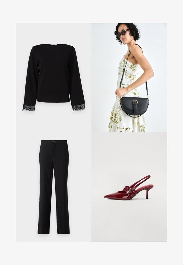 Svart langermet topp laget av myk stoff, med vid halsringning og blondertrim på ermene. Enkel, rett-snitt design.; Sorte bukser med rett ben-design, laget av glatt stoff. Inkluderer knappelukking front og sidelommer.; Røde patentleder slingback hæle med spids tå, to spænde stropper og en slank, mellemhøj stiletto hæl. Glat tekstur.; Svart lærveske med en buet form, avtagbar stropp og gullbeslag. Vesken har et klaff med spenne-detall.