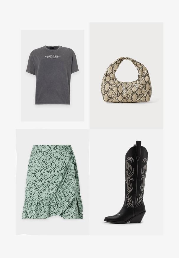 Even&Odd TONIA TEE - Trükipildiga T-särk - black; Roheline kangast seelik, millel on mustade täppide muster, volangäär ja külgmine mähise disain. Sile tekstuur ja kerge materjal.; Mustad mustad nahast cowboy saapad terava ninaga, vööndkanna ja hõbedaste tikanditega lillemustritega varred. Kontrastõmblused üle kogu.; Musta käärmeprindiga kott kõveraga käepidemega. Valmistatud tekstiilsetest, beežidest ja pruunidest materjalidest, millel on iseloomulik rombikujuline muster.