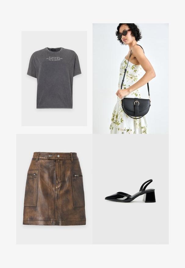 Even&Odd TONIA TEE - T-shirt imprimé - black; Jupe en cuir marron à taille haute, avec des poches zippées à l'avant et une texture lisse présentant des variations subtiles pour plus de profondeur.; Escarpins en cuir verni noir avec bout pointu et talon bloc géométrique. Présente un design élégant et minimaliste ainsi qu'une texture lisse.; Sac à main en cuir noir avec une forme courbée, bandoulière amovible et des accessoires en or. Le sac est doté d'un rabat avec un détail de boucle.