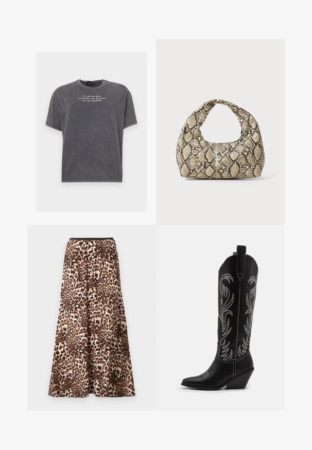 Even&Odd TONIA TEE - T-shirts med print - black; Maxikjørt med leopardmønster, med svart midjebånd, flytende silhuett og mykt stoff med varierende nyanser av brunt og beige mønster.; Sorte lær cowboy støvler med spidse tæer, kilehæle og sølv broderede blomstrer mønstre langs skaftet. Kontrast syning hele vejen igennem.; Veske med slangeskinnmønster og krummet håndtak. Laget av teksturerte, beige og brune materialer, med et særegent diamantmønster.