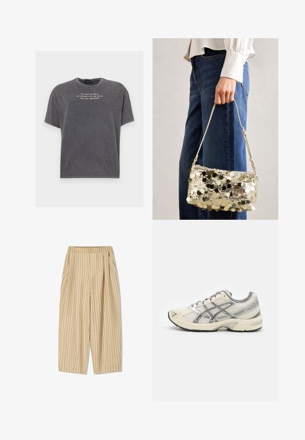 Even&Odd TONIA TEE - Triko s potiskem - black; Beige pruhované kalhoty s elastickým pasem, dvěma bočními kapsami, volným střihem a vertikálními černými pruhy pro detail.; Běžecké boty s prodyšným bílým síťovinovým svrškem, stříbrnými detaily, šedými tkaničkami a odolnou černou gumovou podrážkou. Lehký, polstrovaný design.; Zlatá kabelka se šupinkami, obdélníkového tvaru, hladkého povrchu a tenkým popruhem. Šupinky vytvářejí odrazovou plochu, která zvyšuje její atraktivitu.