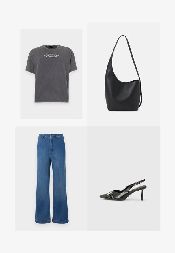 Even&Odd TONIA TEE - T-shirt print - black; Brede blauwe spijkerbroek met hoge taille, voorzien van een knoopsluiting, vijf zakken en een vervaagde textuur.; Zwarte gepolijste leren slingback schoenen met een puntige neus, enkelbandjes met zilveren gespen en hardware, en een slanke hak.; Zwarte leren hobo tas met een gladde textuur, kromme vorm en een enkele verstelbare schouderband; heeft een brede opening aan de bovenkant.