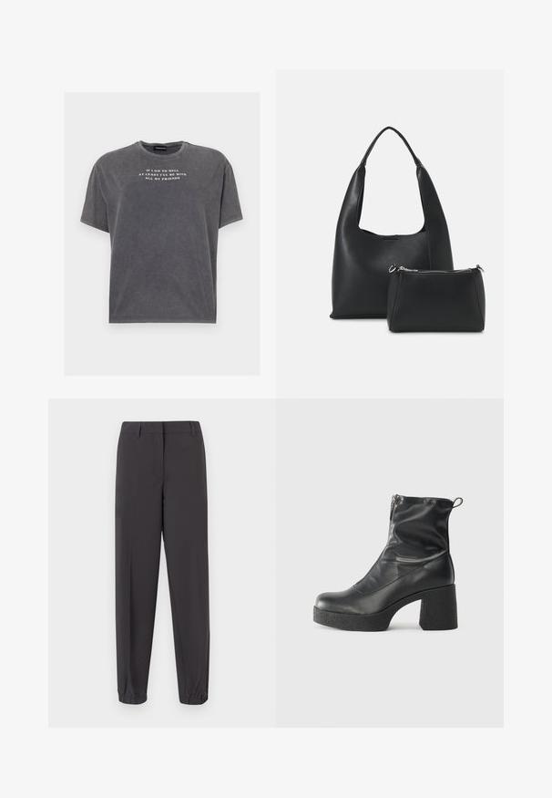 Even&Odd TONIA TEE - Potiskana majica - black; Temno sivi hlače iz gladkega blaga, z zožano obliko, elastičnimi manšetami in sprednjimi žepi z izbranim zaključkom.; Črne gležnjarje iz gladke kože z božnim zadrgo, masivnim teksturiranim peto in zaobljeno obliko prstov.; Even&Odd Torbica - black