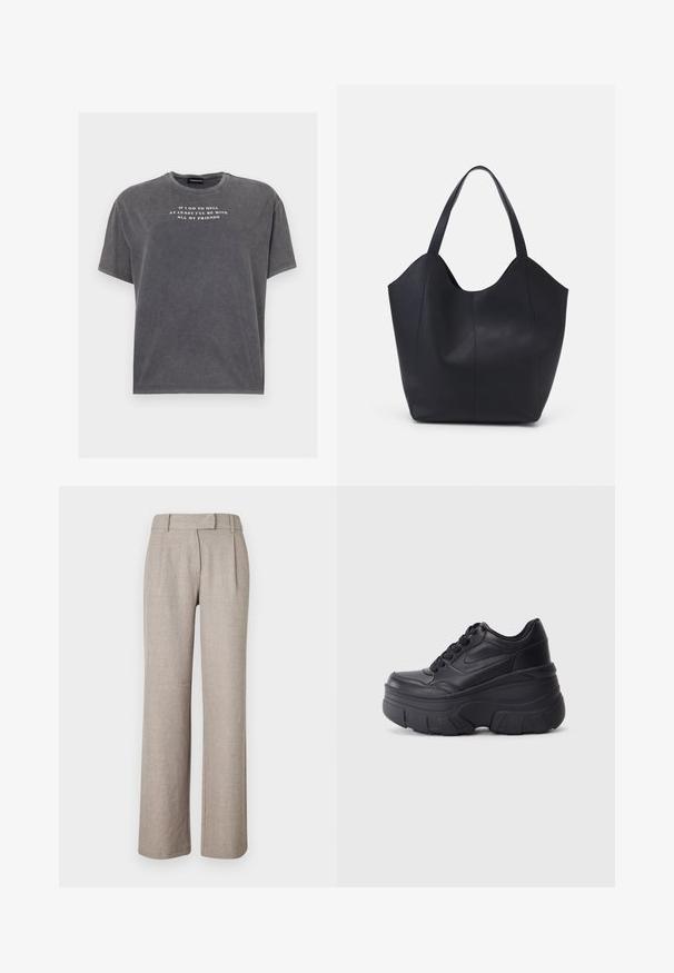 Even&Odd TONIA TEE - Tričko s potlačou - black; Béžové upravené nohavice vyrobené z textúrovanej tkaniny, s rovnými nohami a prednými záhybmi. Žiadne viditeľné kovové prvky ani vzory.; Čierne šnurovacie tenisky s hrubou podrážkou, s hladkým koženým zvrškom, okrúhlou špičkou a charakteristickým vrstveným dizajnom platformy.; Čierna taška s dlhým uchom vyrobená z hladkej kože, s oblým otvoreným vrchom a dvoma ramennými popruhmi, minimalistického dizajnu.