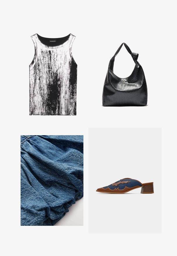 Top senza maniche bianco e nero in tessuto elasticizzato, con motivo a strisce e dettagli lucidi, scollatura rotonda e design senza maniche.; Tessuto denim di un blu intenso, caratterizzato da una texture arricciata che crea morbide pieghe. Superficie liscia con leggere variazioni di colore.; Mule in denim con punta affusolata, dettagli in pelle marrone e cuciture decorative a forma di onda. Tacco basso in legno impilato.; Borsa a mano in pelle intrecciata nera con un design morbido, dotata di una tracolla annodata e di un piccolo chiodo decorativo in oro nella parte superiore.