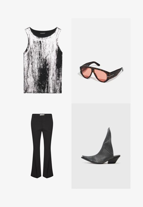 Mustat ja valkoiset hihattomat toppi, joka on valmistettu venyvästä kankaasta. Topissa on viiruinen kuvio, kiiltäviä yksityiskohtia, pyöreä pääntie ja hihaton muotoilu.; Musta leveälahkeinen housut, jotka on tehty sileästä kankaasta. Niissä on keskikorkea vyötärö, sivutaskut ja etuosassa laskos, joka tuo näyttävyyttä.; Musta korolliset mulesit, joissa on terävä varvas ja texturoitu käärmeennahkakuosi. Varustettu matalalla, kolmiomaisella korolla ja sileällä, kaarevalla yläosalla.; Kilpikonnakuosisat aurinkolasit, joissa on vaaleanpunaiset linssit, rohkealla kulmikkaalla muotoilulla ja ohuilla hopeavärisillä yksityiskohdilla kehyksissä.