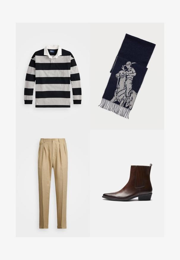 Melna un pelēka svītru garām piedurknēm polo krekls ar baltu apkakli un mazu logotipa akcentu apakšējā malā. Mīksts kokvilnas materiāls.; Bēšas lina bikses ar taisnu griezumu, ar divām priekšējām krokām, pogu aizdari un sānu kabatām. Strukturēta auduma virsma ar gludu apdari.; Brūnas ādas potītes zābaki ar izteiktu purngalu, elastīgām sānu paneļiem, teksturētu apdari priekšpusē un zemu sakrautām papēžiem.; Tumši zils šalle ar pelēku grafiku, kurā attēlots polo spēlētājs uz zirga, ar frizētām malām.