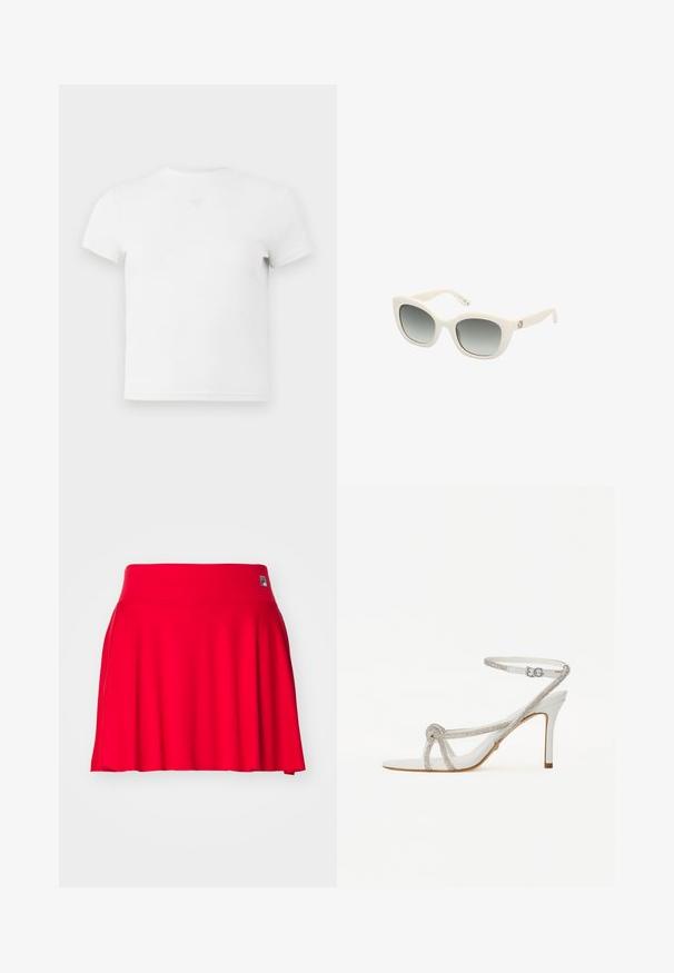Bijela majica kratkih rukava, okrugli izrez, napravljena od mekog pamuka. Ima suptilan detalj s logotipom u središtu prsnog područja. Glatka tekstura.; Crvena suknja do koljena izrađena od rastezljivog materijala s glatkom teksturom. Ima široki pojas i lepršavi oblik. Brend logo na pojasu.; Bijela sandala s visokom petom i teksturiranim remenom ukrašenim rhinestones, otvorenog prsta, s remenom oko gležnja i podesivom kopčom.; Bijele plastične sunčane naočale u obliku mačkinih očiju, s gradijentnim sivo-smeškim lećama, čvrstim krakovima i zlatnim logotipom s bočne strane.