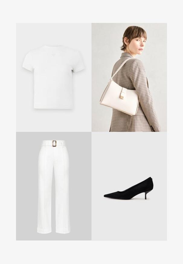 Balts īsās piedurknes T-krekls ar apaļu kakla izgriezumu, izgatavots no mīkstas kokvilnas. Vidū uz krūtīm ir neliels logo elements. Gluda tekstūra.; Baltas platlejas bikses, izgatavotas no kokvilnas. Tām ir augsta josta ar lielu taisnstūrveida jostas sprādzi un šuvju detaļas gar kājām.; Melnas zamšādas augstpapēžu kurpes ar vienu punktētu purngalu un šauru, zemu papēdi. Gluda tekstūra ar elegantu dizainu, bez redzamiem aksesuāriem.; Balta ādas rokassoma ar strukturētu dizainu, kurai ir magnētiska aizdare un plecu josta, parādīta uz neitrāla fona.
