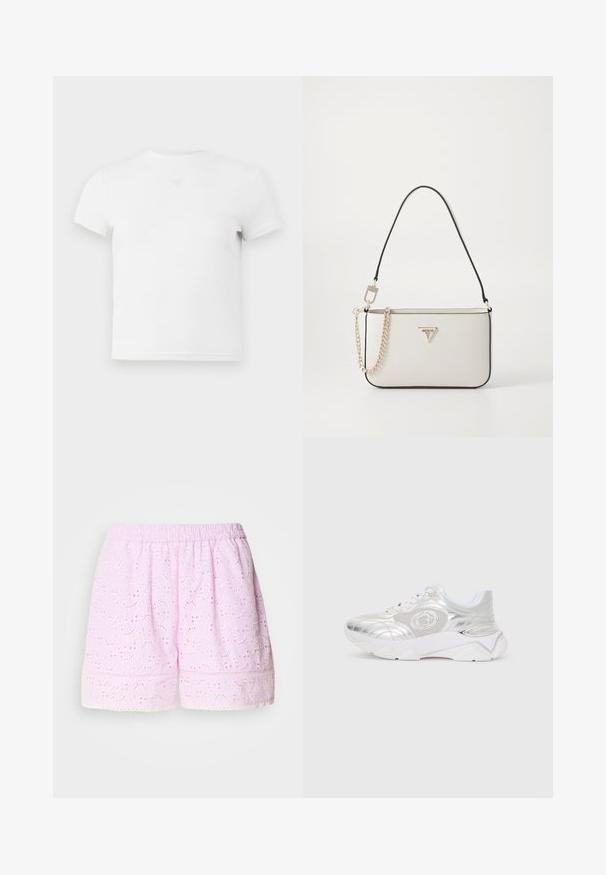 Valge lühikeste varrukatega T-särk, ümmarguse kaelusega, valmistatud pehmest puuvillast. Keskosas on peen logo detail. Sile tekstuur.; Roosa puuvillased lühikesed püksid, millel on tikandiga lillemuster, elastne vöökoht ja pitsäär. Kerge ja hingav kangas.; Hõbedane tennisajalgs, millel on mustriga läige, kangast ülemine osa, valged paelad ja paks valge tald tekstuursete aktsentidega.; Valge tekstureeritud käekott musta äärega, millel on kuldne kett, eraldi eemaldatav õlavarre rihm ja kolmnurkne logo aktsent.