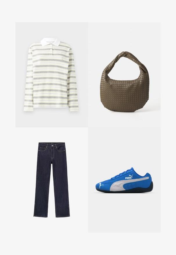 Cămașă polo cu mâneci lungi, dintr-un amestec ușor de bumbac, cu dungi verticale alternative în nuanțe de gri, galben și alb. Guler alb și trei butoane.; Jeans din jeans de culoare albastru închis, cu un design cu picior drept, având cinci buzunare și cusături contrastante. Marginile au fante laterale pentru un detaliu suplimentar.; Tenisi atletici albaștri cu înveliş din piele întoarsă, având un panou lateral alb și o talpă din cauciuc negru. Include un logo PUMA ridicat pe lateral.; Geantă țesută de culoare verde măslinie, cu o formă rotundă și un mâner răsucit. Suprafața texturată prezintă un model diagonal. Închidere cu fermoar.