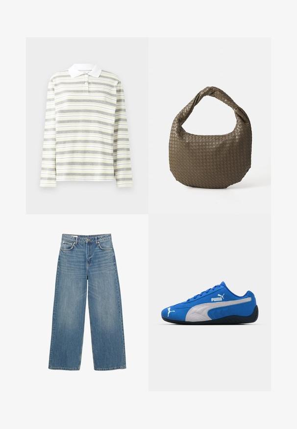 Polo majica z dolgimi rokavi, lahka bombažna mešanica, z vertikalnimi izmeničnimi črtami v sivi, rumeni in beli barvi. Bela ovratnik in tri gumbi.; Svijetloplave široke traperice napravljene od denima. Sadrže pet džepova, kopčanje na gumb i uredan rub. Izblijedjele su po cijeloj površini radi teksture.; Modre atletske čevlje s semiš zgornjim delom, ki imajo belo stransko ploščo in črno gumijasto podplat. Vključujejo dvignjen PUMA logo na strani.; Tkanina olivno zelena torba z okroglo obliko in zvitim ročajem. Tekstura površine vsebuje diagonalni vzorec. Zadrga za zapiranje.