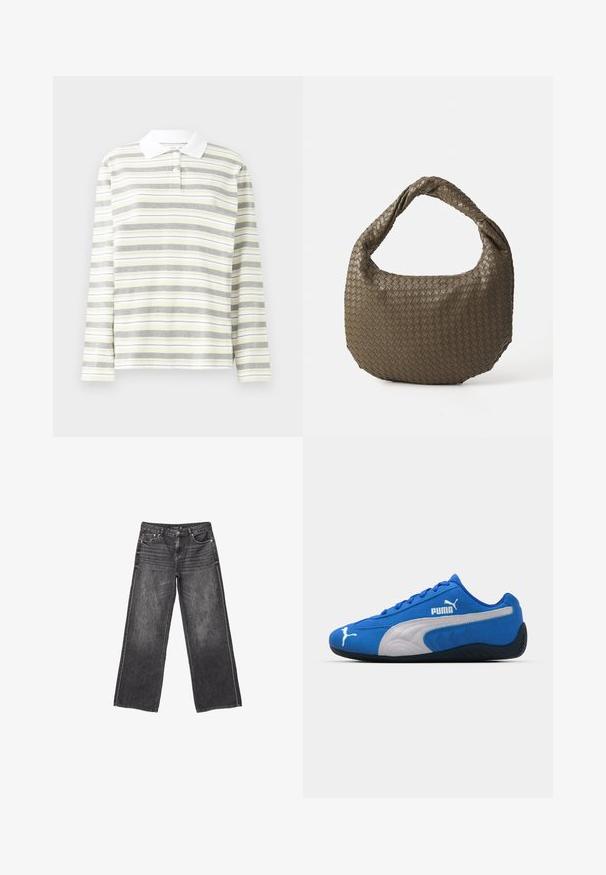 Polo a maniche lunghe, in un leggero tessuto misto cotone, con strisce verticali alternanti in grigio, giallo e bianco. Colletto bianco e tre bottoni.; Jeans in denim grigio scuro a gamba larga con tasche frontali e posteriori, chiusura con bottone e dettagli sbiaditi sottili.; Scarpe da ginnastica blu con tomaia in camoscio, dotate di un pannello laterale bianco e suola in gomma nera. Includono un logo PUMA in rilievo sul lato.; Borsa in oliva intrecciata con forma arrotondata e manico attorcigliato. La superficie testurizzata presenta un motivo diagonale. Chiusura con cerniera.