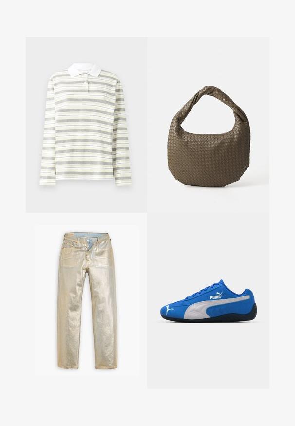 Ilgų rankovių polo marškiniai, lengvos medvilnės mišinio, su vertikaliomis pakaitinėmis juostomis pilkos, geltonos ir baltos spalvos. Baltas apykaklė ir trys sagos.; Auksinės metalinės džinsai su tiesiomis kojomis, penkiais kišenėmis, vario detalėmis ir tekstūruotu paviršiumi. Riešo juosta mėlynos džinsinės medžiagos.; Mėlyni sportiniai batai su zomšiniu viršumi, turintys baltą šoninę juostą ir juodą gumos pado dalį. Šone yra iškilęs PUMA logotipas.; Austas alyvuogių žalios spalvos rankinės apvalia forma ir sukta rankena. Tekstūruotas paviršius su įstrižainės raštu. Uždarymas su užtrauktuku.