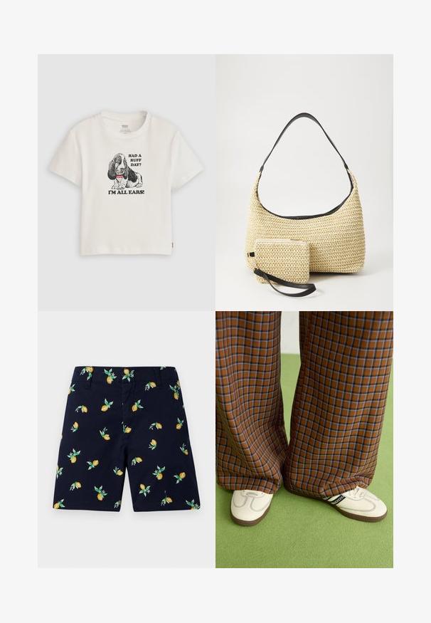 Balta kokvilnas T-kreklu ar melnu grafiku, uz kuras redzams basetu suns un teksts "HAD A RUFF DAY? I’M ALL EARS!" resnos burtiem. Īsas piedurknes.; Jūras spēku īsie šorti ar citrona un lapu rakstu. Izgatavoti no viegla auduma, ar taisnu griezumu un sānu kabatām.; Brūni un zili rūtaini platās kājas bikses, kas savienotas ar baltām kurpēm ar melniem akcentiem un teksturētām zolēm, uz zaļa fona.; Auduma salmu rokassoma ar izliekta siluetu, kas ir aprīkota ar gludu melnu ādas rokturi un atbilstošu mazu maciņu, kas piestiprināts pie plaukstas siksniņas.