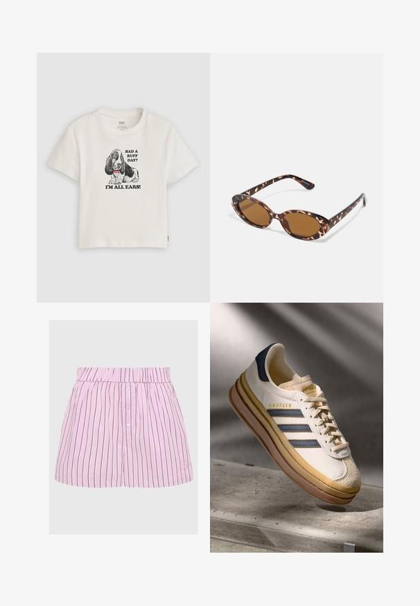 Biela bavlnená tričko s čiernou grafikou baset hounda a textom "MAL SI NÁROČNÝ DEŇ? SOM VŠETKY UŠI!" v tučnom písmene. Krátke rukávy.; Ružové pruhované šortky s elastickým pásom, zapínaním na gombík a vertikálnymi námorníckymi pruhmi, s malým logom na leme.; Tenisky Adidas Gazelle so smotanovým semišovým horným dielom, modrými koženými akcentmi, tromi modrými pruhmi, béžovou medzipodrážkou a hnedou gumovou podrážkou.; Tortoise-shell slnečníky s oválnymi sklami, hnedo tónovanými, tenkými stranami so vzorom, ľahký plastový rám.