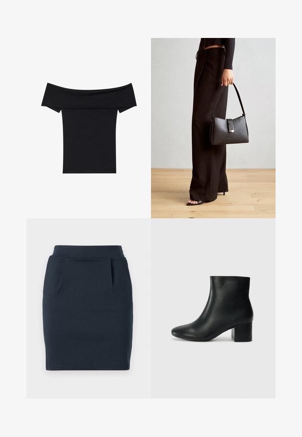 Haut noir à épaules dénudées en tissu extensible doux. Présente des manches courtes et une silhouette ajustée. Design simple et sans couture.; Jupe en jersey extensible bleu marine avec une silhouette ajustée, dotée d'une taille lisse et de deux poches avant.; Bottines en cuir noir avec un bout pointu et un talon épais. Texture lisse avec des accents minimalistes et un design élégant et ajusté.; Sac à main noir à la forme structurée, texture lisse et fermoir métallique. Associé à un pantalon noir ample et des sandales ouvertes sur un sol en bois.