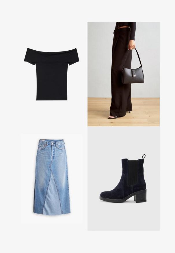 Μαύρο τοπ με ανοιχτούς ώμους, κατασκευασμένο από μαλακό ελαστικό ύφασμα. Διαθέτει κοντά μανίκια και κοντή σιλουέτα. Απλός, χωρίς ραφές σχεδιασμός.; Μάξι φούστα από τζιν σε ανοιχτό μπλε χρώμα με ακατέργαστο στρίφωμα, διαθέτει μοτίβο ραφής μπροστά και τσέπες. Κουμπί στο επάνω μέρος της μέσης.; Ναυτικό μπλε σουέντ μποτάκι αστραγάλου με ελαστική πλαϊνή επένδυση, στρογγυλή μύτη και τετράγωνη φτέρνα. Η υφή του υφάσματος και η λεία σόλα προσθέτουν αντίθεση.; Μαύρη τσάντα χειρός με δομημένο σχήμα, λεία υφή και μεταλλικό κούμπωμα. Συνδυασμένη με φαρδιά μαύρα παντελόνια και σανδάλια ανοιχτής μύτης πάνω σε ξύλινο πάτωμα.