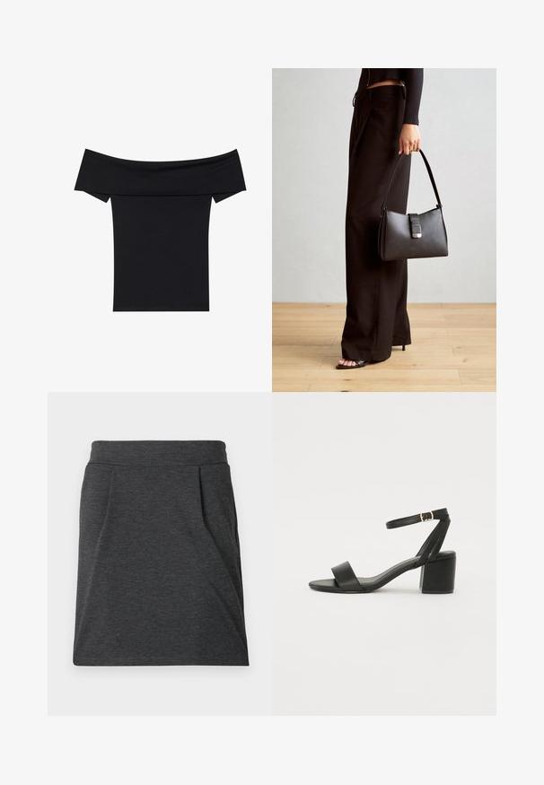 Zwarte off-the-shoulder top van zachte stretchstof. Beschikt over korte mouwen en een aansluitende pasvorm. Eenvoudig, naadloos ontwerp.; Donkergrijze stoffen rok met een aansluitende tailleband, voorzien van plooien voor extra textuur. Rechte snit, minimale stikseldetails en geen patronen.; Zwarte hoge sandaal met een soepel leren bovenkant, een open teen, brede voorkruisbanden en een verstelbare enkelband met een gouden gespdetail.; Zwarte handtas met gestructureerde vorm, gladde textuur en een metalen sluiting. Gecombineerd met brede zwarte broeken en sandalen met open teen op een houten vloer.