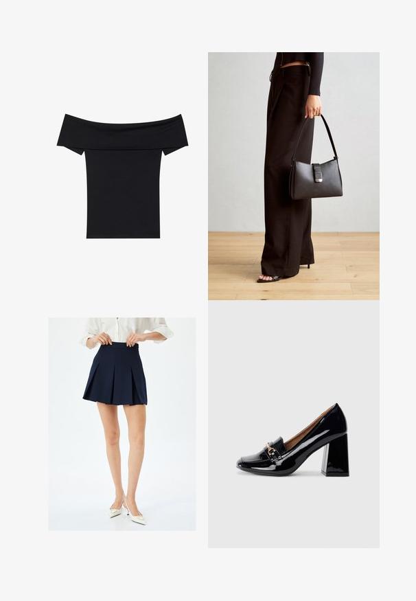 Schwarzes Off-Shoulder-Top aus weichem Stretchmaterial. Mit kurzen Ärmeln und figurnaher Silhouette. Schlichtes, nahtloses Design.; Marineblauer Faltenrock mit hohem Bund und glatter Textur, zeichnet sich durch scharfe Messerfalten und minimalistisches Design aus. Getragen mit weißen High Heels.; Schwarzer Lackleder-Pumps mit spitzer Zehenform und Blockabsatz. Verfügt über einen dekorativen Riemen und eine Schnallendetail auf dem Vorderblatt.; Schwarze Handtasche mit strukturierter Form, glatter Textur und einem metallischen Verschluss. Kombiniert mit weiten schwarzen Hosen und offenen Sandalen auf einem Holzboden.