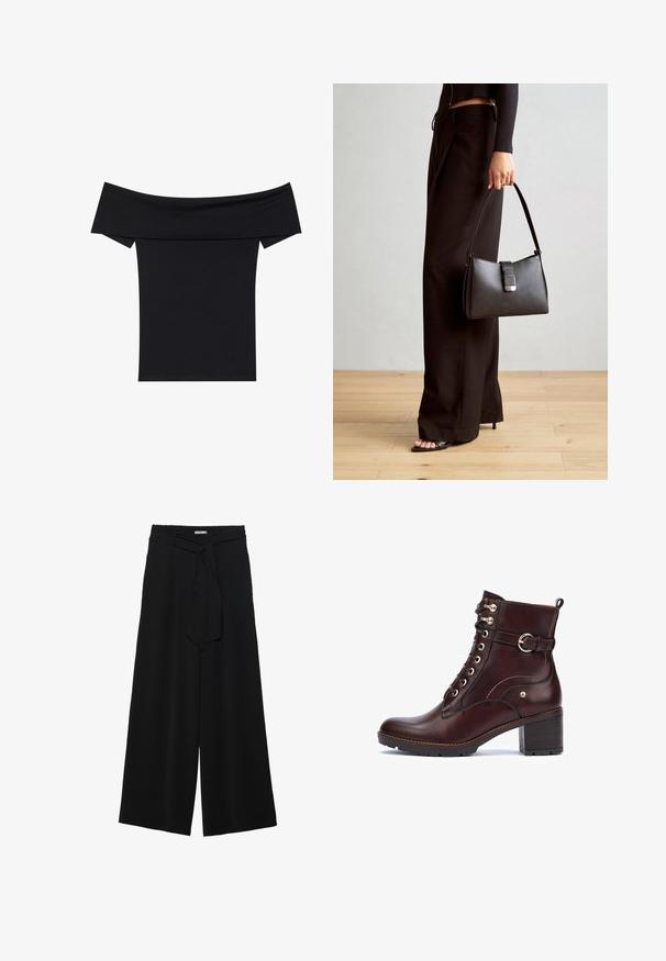 Must värvitud top, mis jääb õlgadele, on valmistatud pehmest ja venivast kangast. Sellel on lühikesed varrukad ja kohandatud siluett. Lihtne, õmblusteta disain.; Mustad laiad püksid, millel on tekstureeritud kangas, elastne vöökoht ja eemaldatav pael vööst, et reguleerida sobivust.; Pikolinos LLANES - Poolsaapad - dark brown; Must musta kott, millel on struktureeritud kuju, sile tekstuur ja metallist klamber. Kombineeritud laiate mustade pükstega ja avatud varvaste sandaalidega puidust põrandal.