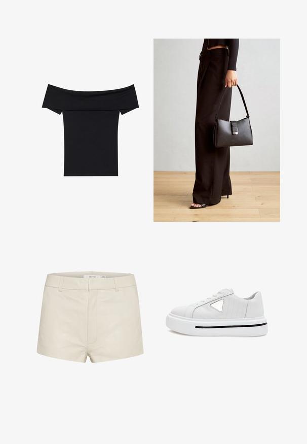 Top negro con escote off-the-shoulder, hecho de una suave tela elástica. Presenta mangas cortas y una silueta ajustada. Diseño simple y sin costuras.; Pantalones cortos de cuero beige con una textura suave, que presentan una cintura ajustada, presillas para el cinturón y costuras frontales sutiles. Diseño simple y contemporáneo.; Zapatilla blanca hecha de cuero suave, con un perfil bajo, puntera redondeada, acento triangular plateado y suela de goma texturada con franja negra.; Bolso negro con forma estructurada, textura suave y un cierre metálico. Combinado con pantalones anchos negros y sandalias de dedo en un suelo de madera.