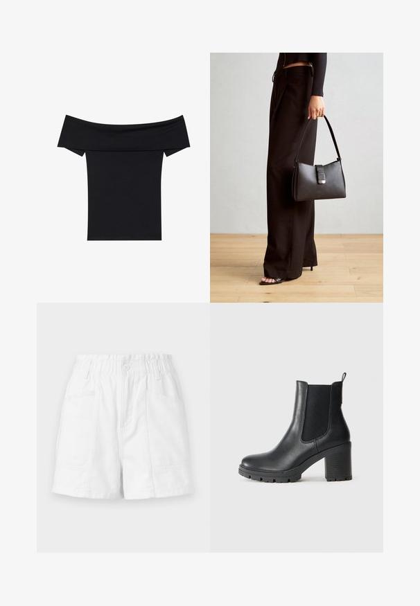 Črna bluza brez naramnic, izdelana iz mehkega raztegljivega materiala. Ima kratke rokave in prilegajočo silhueto. Preprost, brezšiven dizajn.; Beli bombažni šort na elastično zapenjanje, z sprednjim gumbom, dvema stranskima žepoma in čistim, preprostim dizajnom.; Črne usnjene gležnjarje z elastičnimi stranskimi paneli, robustnim gumijastim podplatom in visokim blokastim peto. Imajo zanko na hrbtni strani.; Črna torbica z strukturirano obliko, gladko teksturo in kovinskim zaponko. Ujemajo se z širokimi črnimi hlačami in odprtimi sandali na lesenem tleh.