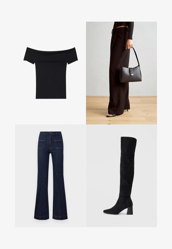 Svart av-skulder topp laget av mykt elastisk stoff. Har korte ermer og en tettsittende silhuett. Enkel, sømløs design.; Mørk denim flared jeans med skreddersydd passform, høy midje og kontrastfarget oransjetråd. To frontlommer og to baklommer er inkludert.; Sorte semskede knelang støvel med blokk-heelsk, spiss tå og glatt, sømløst design på en ensfarget lys bakgrunn.; Svart håndveske med strukturert form, jevn tekstur og metallisk lås. Kombinert med brede svarte bukser og sandaler med åpen tå på tregulv.