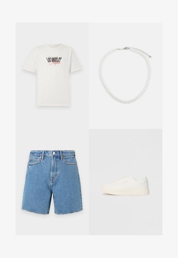 Balta medvilninė marškinėliai trumpomis rankovėmis ir apvaliu iškirpimu. Su „Los Angeles California“ grafika juoda ir raudona spalvomis. Paprasta, laisvo stiliaus fit.; Šviesiai mėlyni džinsiniai šortai. Vienas audinys su penkiomis kišenėmis, mygtukų uždarymu ir subtiliu siuvinėjimu aplink siūles ir kišenes.; Baltos slip-on sportbačiai su tekstūruota paviršiumi, storesniu padu ir minimalistišku dizainu. Šone matosi prekės ženklo logotipas.; Balta perlų kaklo grandinėlė, su vienodai apvalia forma, lygiu paviršiumi ir metaline sagtimi su ilginimo grandinėle, leidžiančia reguliuoti ilgį.