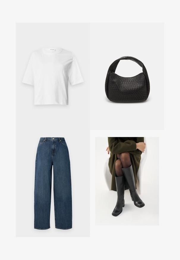 Balta īsa T-kreklis no mīksta auduma ar īsām piedurknēm, apaļu kakla izgriezumu un viļņainām šuvēm, kas piešķir tekstūru.; Plati kāju džinsi tumši zili. Izgatavoti no izturīga kokvilnas auduma ar gludu tekstūru. Aprīkoti ar pogu aizdari un klasisko piecu kabatu dizainu.; Ceļgalu augstuma melni ādas zābaki ar kvadrātu purngalu un bloku papēdi, attēloti modelī, kurš sēž olīvu zaļā mētelī. Gluda tekstūra, minimāla apdare.; Pieces PCSANNA BRAIDED SHOULDER BAG - Rokassoma - black